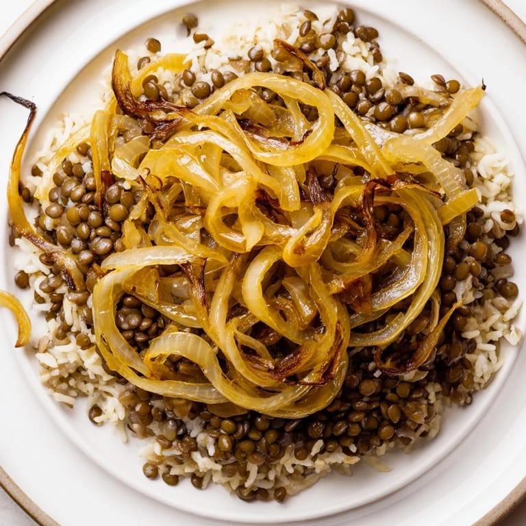 Enjoy a close-up of fluffy Lebanese Mjadra, fragrant with warm spices and topped with sweet caramelized onions.