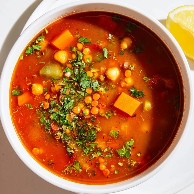 Close-up of a flavorful North African Harira Soup, perfect for a cozy, flavorful meal.