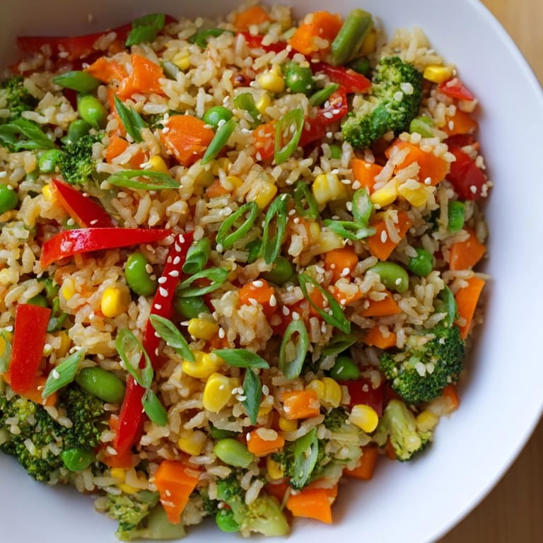 Close-up of vegetable fried rice, with visible peas and perfectly cooked rice grains.