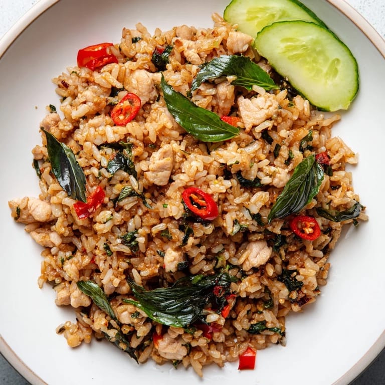 Spicy Thai basil chicken fried rice, a quick and delicious meal, topped with fresh lime wedges.