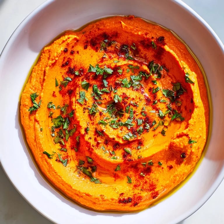Vibrant photo of creamy Roasted Red Pepper Hummus, ready to be served with fresh vegetables and olive oil.