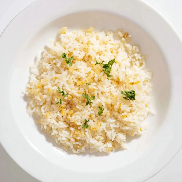 Steaming bowl of Jasmine Rice Garlic, a flavorful vegan side dish, ready to serve warm.