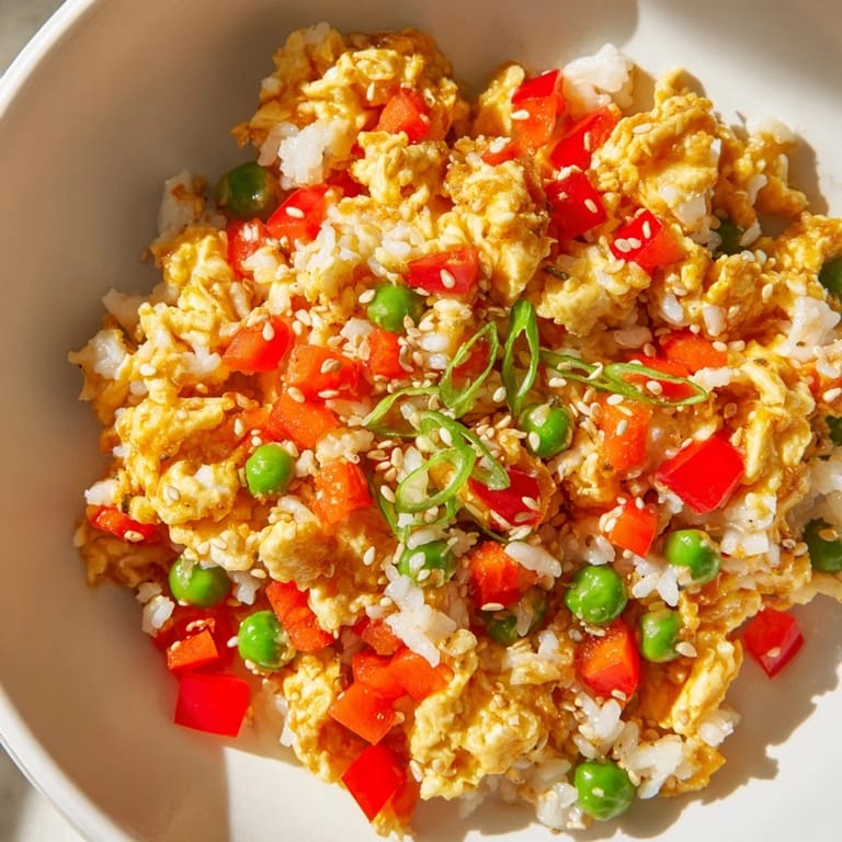 Close-up of golden egg fried rice classic, showcasing perfect texture and colorful ingredients.