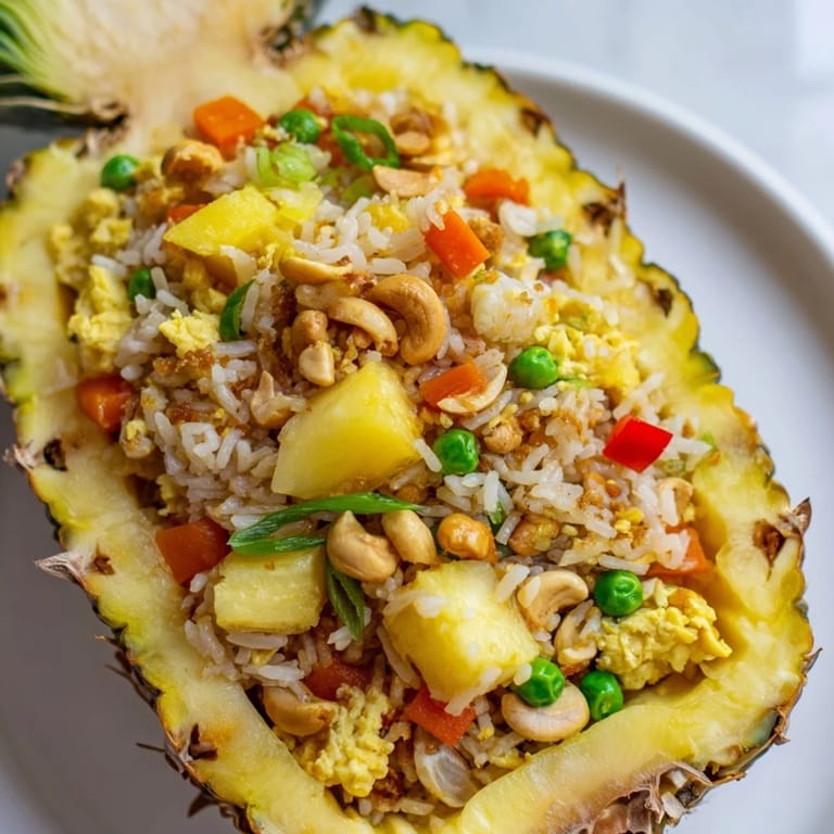 Golden Pineapple Fried Rice beautifully presented in a pineapple shell, garnished with fresh cilantro and lime.