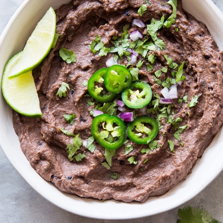 Freshly blended Spicy Black Bean Dip featuring cilantro, lime, and jalapeños in a bowl.