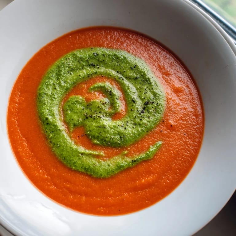 Creamy, vibrant Tomato Soup with Basil Pesto Swirl, a delicious Italian vegetarian meal.