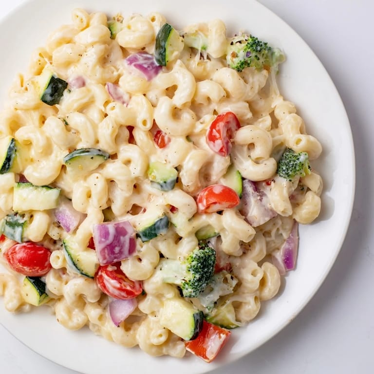A photo of creamy, cheesy roasted veggie mac and cheese, ready to eat and enjoy.