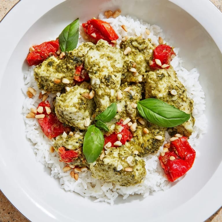 A delicious, gluten-free chicken pesto rice bowl with warm rice, perfect for a quick, flavorful dinner.