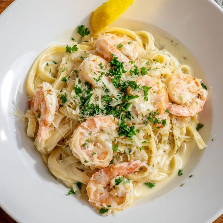 A close-up of creamy garlic shrimp pasta, glistening with rich cream sauce and parsley.