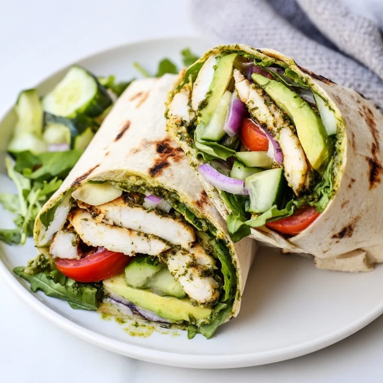 A close-up of a Chimichurri Chicken Salad Wrap, overflowing with colorful fresh ingredients.