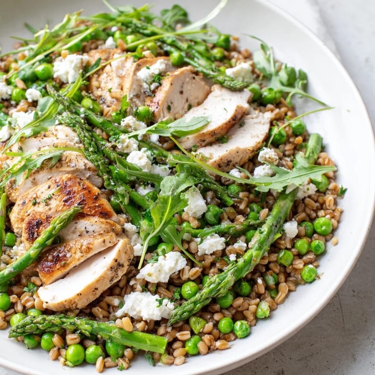 Golden chicken pieces over fresh greens in a bowl of warm Spring Farro Chicken Salad, ready to enjoy.