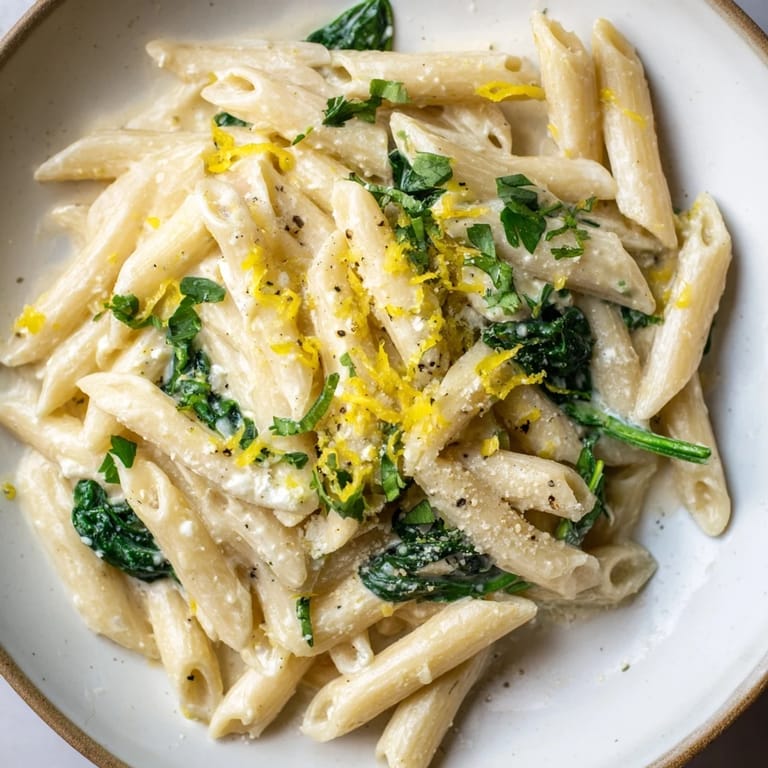 Freshly made Creamy Feta Spinach Pasta served in a bowl, a flavorful vegetarian main course.