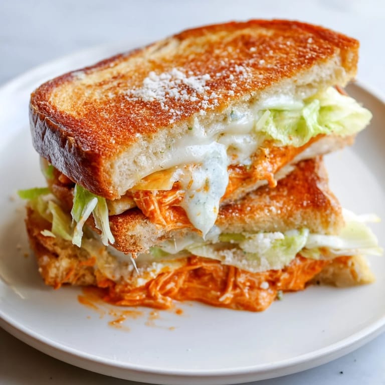 A close-up of a Buffalo Chicken Caesar Grilled Cheese oozing with melted cheese and crispy bread.