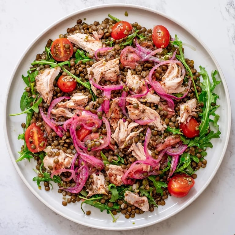 Vibrant Lentil & Chicken Spring Salad bursting with flavor, showcasing tender lentils and roasted chicken.