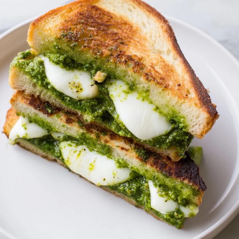 Crispy sourdough slices encase the flavorful spring pea pesto grilled cheese, perfect for lunch.
