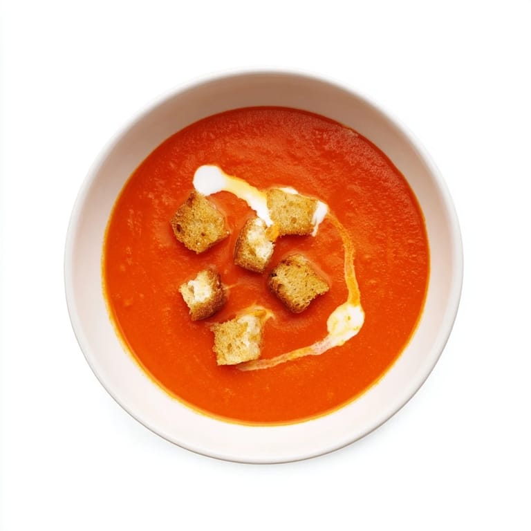 Poivrons rouges rôtis en soupe onctueuse, agrémentée de croûtons maison et d'une touche de harissa.