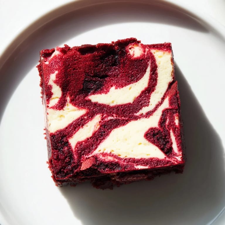 Lumière naturelle mettant en valeur la texture moelleuse et les marbres rouges et blancs de ces brownies.