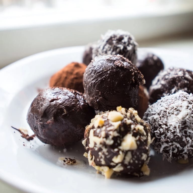 Des chocolats truffes fondantes au cœur crémeux, saupoudrées de sucre glace et disposées près d'une tasse de café noir.