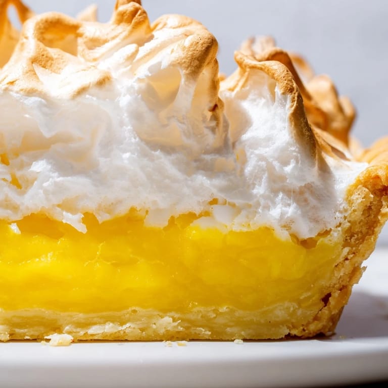 Serving of Lemon Meringue Pie with a sweet, fluffy meringue topping and a tart lemon base.