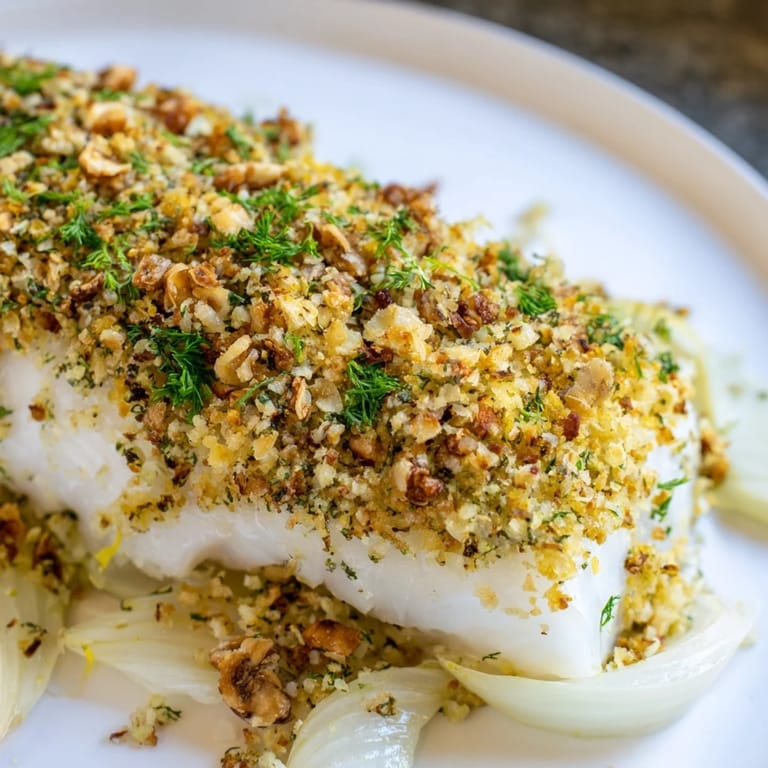 Côtes caramélisées de Baked Halibut With Fennel, Lemon and Walnut Pangrattato sous un pangrattato aux noix croustillant.