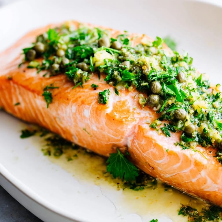 One-Pan Roast Salmon with Leeks, Onions, and Parsley Dressing garnished with lemon slices for a zesty, gluten-free meal.