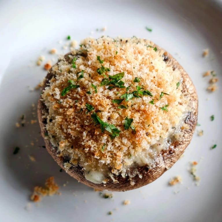 Warm Stuffed Asiago-Basil Mushrooms served on a rustic platter, perfect for elegant appetizers or party bites.