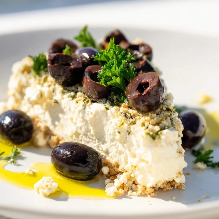 Recette Kalamata Cheesecake Appetizer encore tiède, ciselée en petites parts et servie avec des crostini pour un apéritif grec.