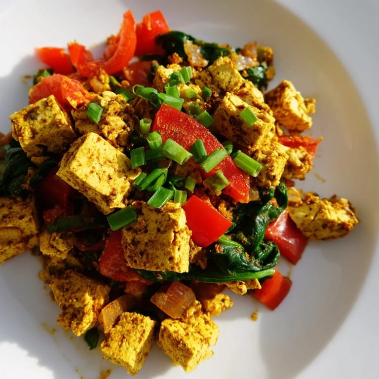 Bol de tofu scramble parfumé au kala namak, garni de fines herbes fraîches, parfait pour un petit-déjeuner riche en protéines.