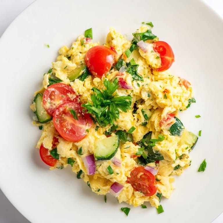 Vibrant scrambled eggs with cherry tomatoes and herbs, served with whole grain toast on the side.  