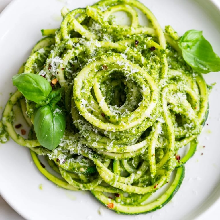 Pâtes de courgettes zoodles au pesto vert brillant, garnies de basilic frais et de pignons de pin, prêtes à déguster.