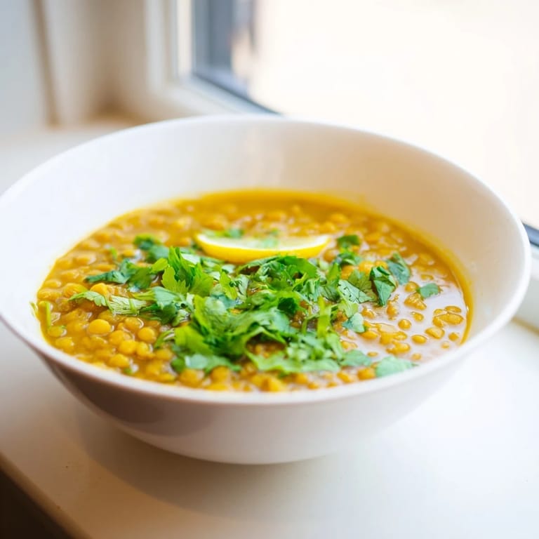 Warm, golden mung bean soup ladle into a bowl, garnished with fresh cilantro and served alongside steamed rice.
