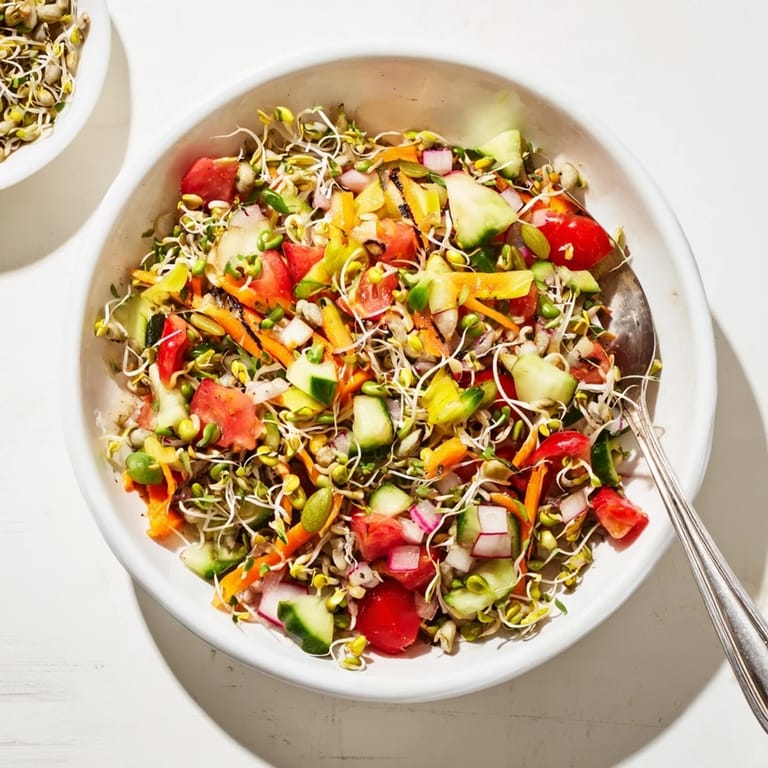 Cette recette de salade de graines germées met en valeur des sprouts frais, un mélange de légumes colorés et une vinaigrette citronnée légère.
