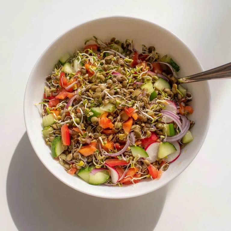 Assurez-vous que cette salade de graines germées soyeusement préparée met en valeur les textures croquantes et les couleurs vives des légumes frais.