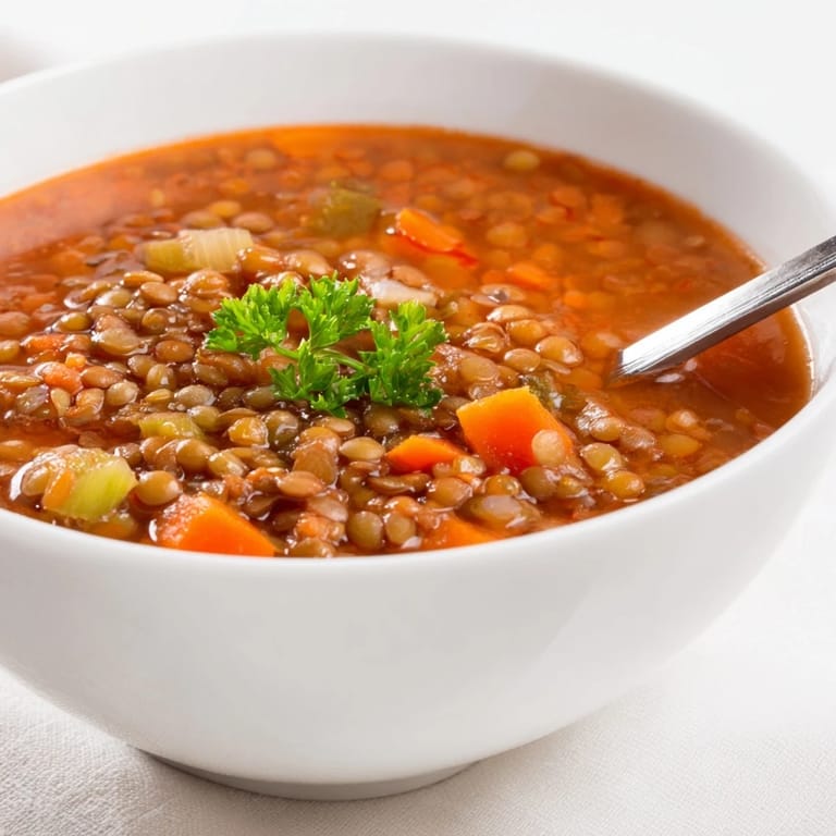 Bol de soupe tomate lentilles garni de persil frais, avec une tranche de pain grillé et une petite cuillère de yaourt végétal à côté.