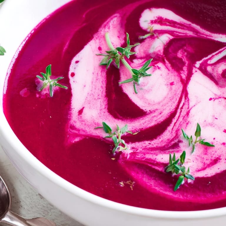 Soupe de betteraves rôties couleur rubis, lisse et onctueuse, parfaite en entrée réconfortante accompagnée d'une tranche de pain croustillant.