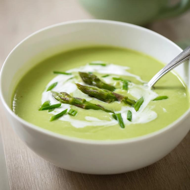 Elegant spring Asparagus Soup blended smooth, finished with cream and served alongside crusty bread.