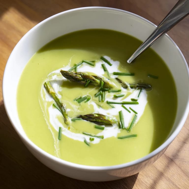 Silky Asparagus Soup ladled into a white bowl, garnished with blanched tips and lemon zest.