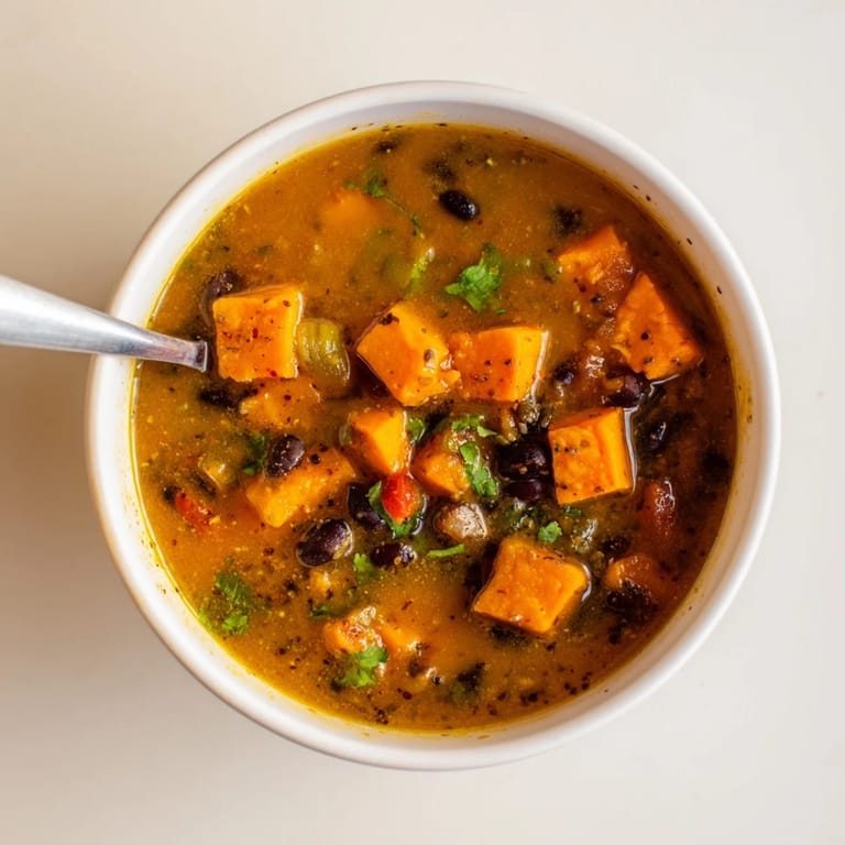 Une assiette généreuse de soupe de patate douce et haricots noirs, enrichie d'avocat et cumin, une recette végétarienne réconfortante.