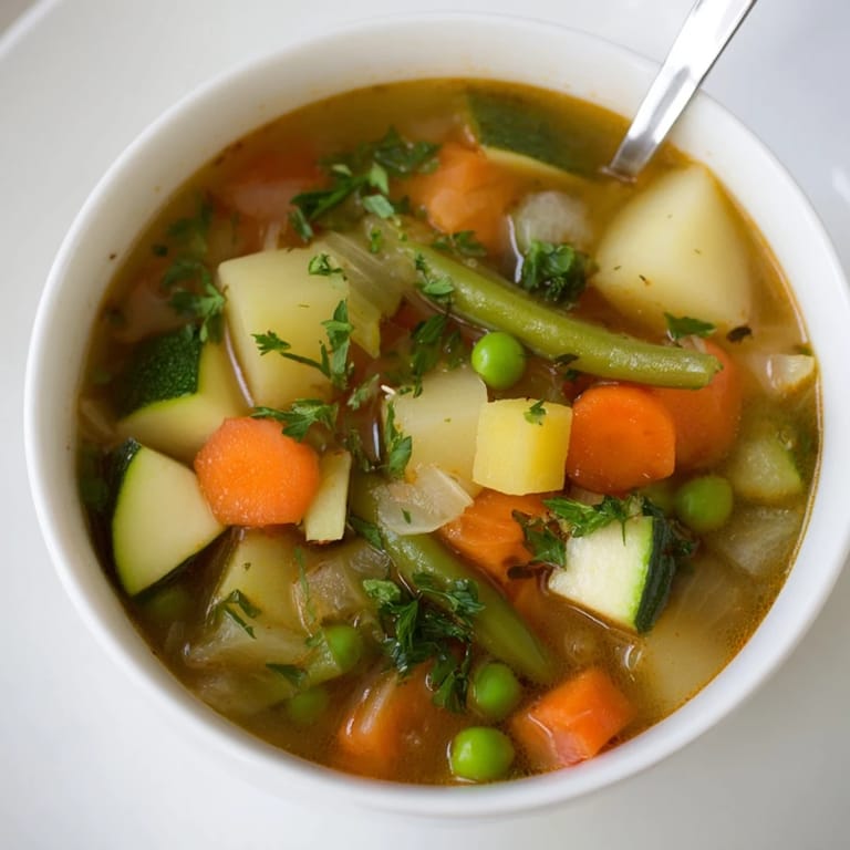 A hearty bowl of Potato and Vegetable Soup topped with fresh parsley, served with crusty bread on a rustic table.