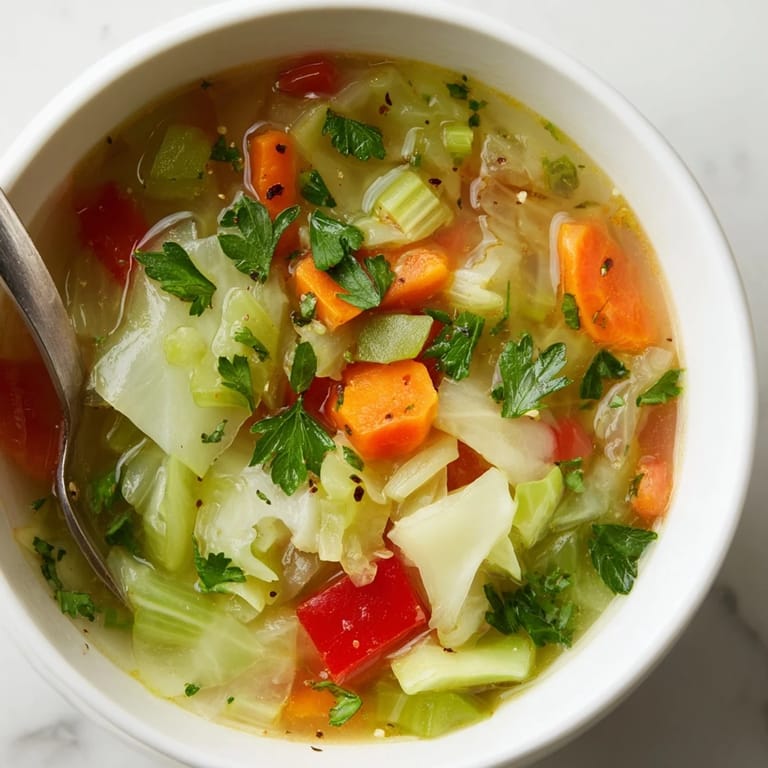 Soupe légère au chou, servie chaude avec tranche de pain complet et garnie de persil.