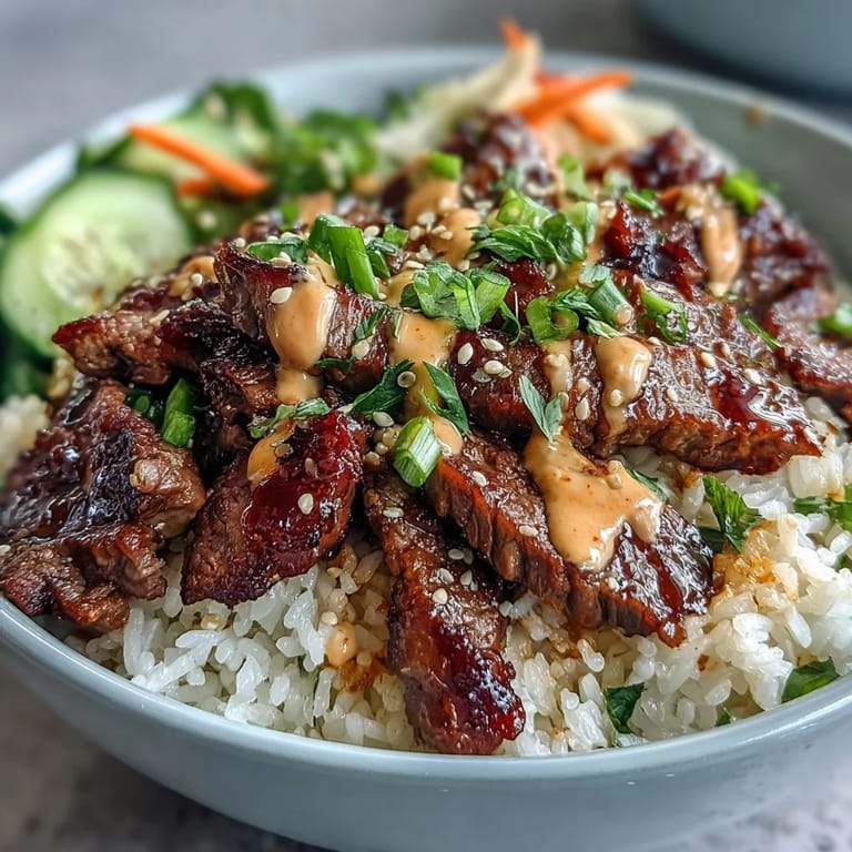 Assiette vibrante de bœuf marinaré, riz vapeur, concombre frais et sauce sriracha-citron au zeste.