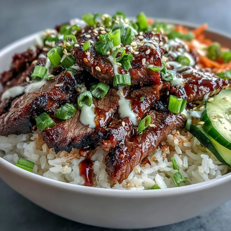 Ce bol appétissant de Korean BBQ Steak Rice Bowls présente une garniture généreuse de steak et de légumes colorés sur un lit de riz parfumé.