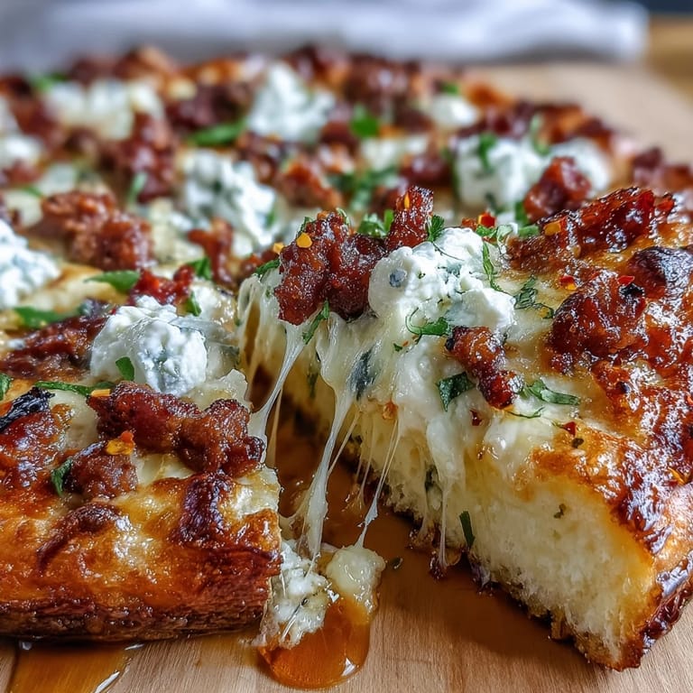 Part de Sausage Ricotta Honey Hot Pizza bien coupée, coulées de mozzarella étirées, sauce tomate rubis et feuilles de basilic parfumées.