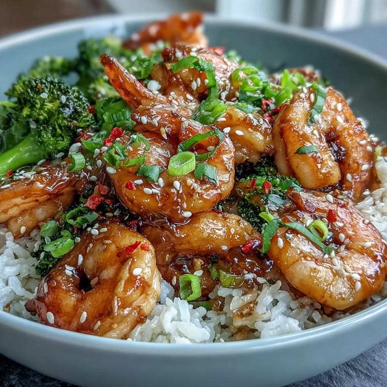 A close-up of Honey Garlic Shrimp bowls, topped with sesame seeds and sliced green onions.  