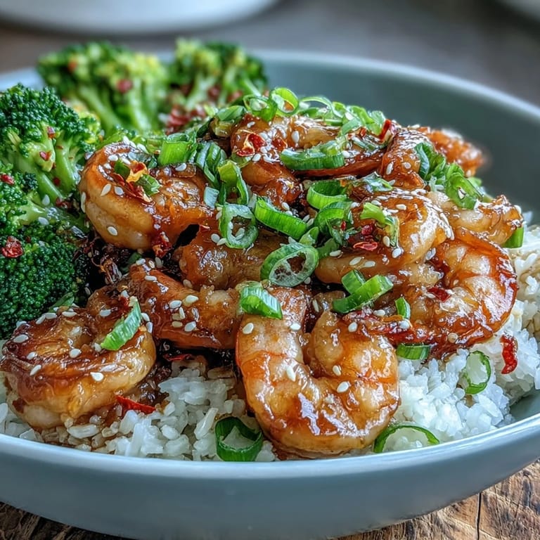 Savory-sweet Honey Garlic Shrimp served over a hearty base with crisp, vibrant vegetables.
