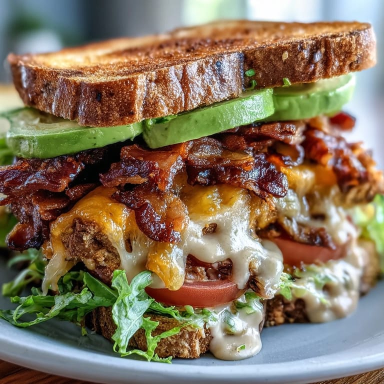 Ce Cowboy Club Sandwich se dresse généreusement avec bacon, poulet, avocat et sauce barbecue sur du pain grillé.