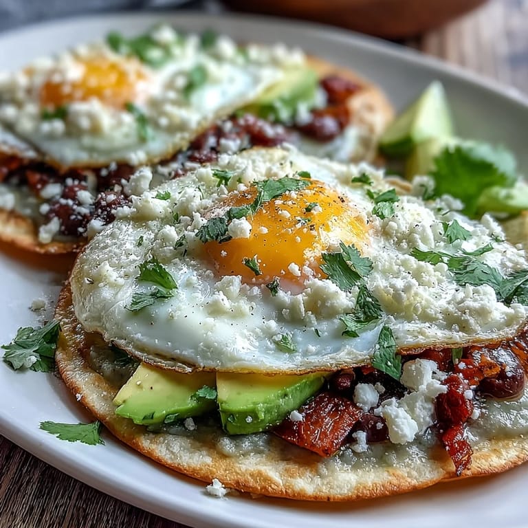 Des œufs pochés sur des tortillas mexicaines crémeuses, servis avec une sauce chaude et des garnitures fraîches.
