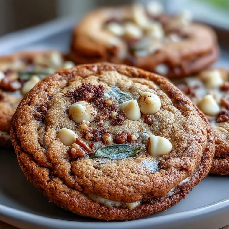Crisp-edged Brown Butter Hojicha & Earl Grey cookies with melty white chocolate chips, dusted with sugar.