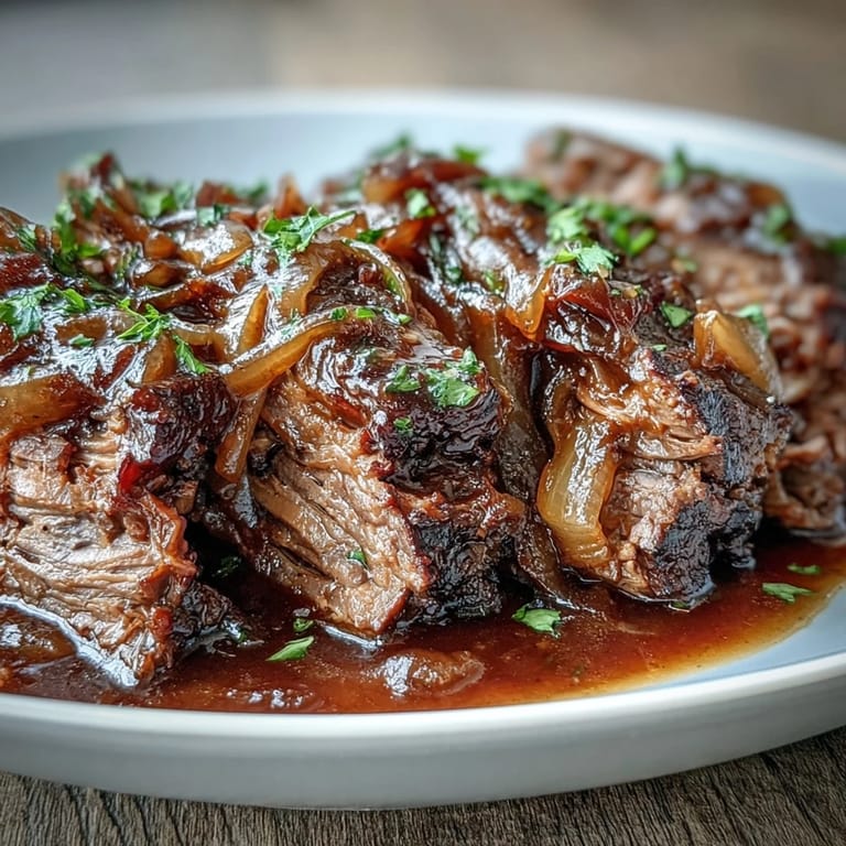 Un Savory Crock Pot French Onion Pot Roast aux jus riches, nappé d’oignons sucrés et d’oignons caramélisés, avec du fromage Gruyère et du persil.