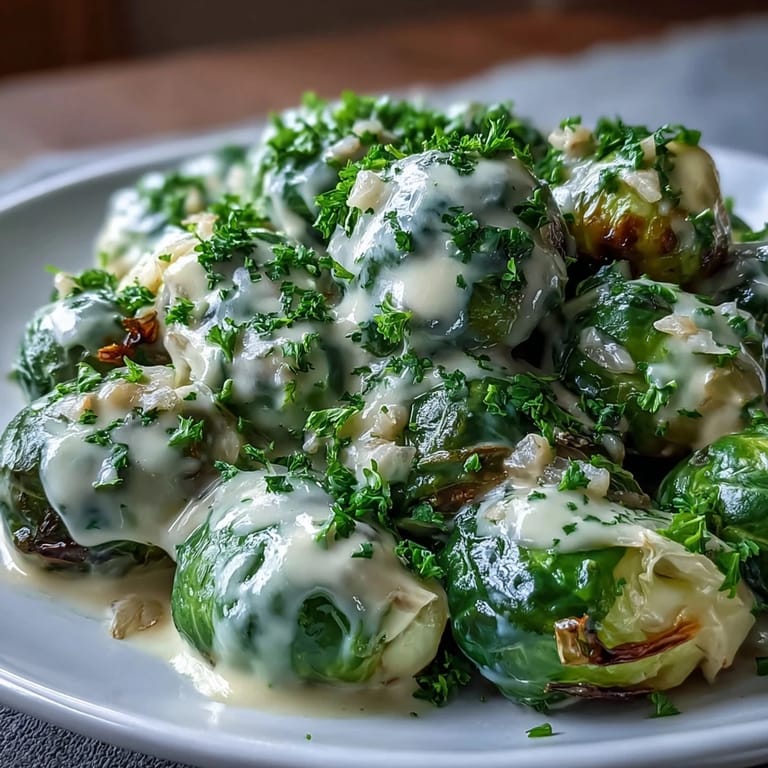 Brussels sprouts in Cream Cheese-Mustard Sauce cuits avec des oignons et de l'ail, présentés dans une assiette avec une garniture de persil frais.